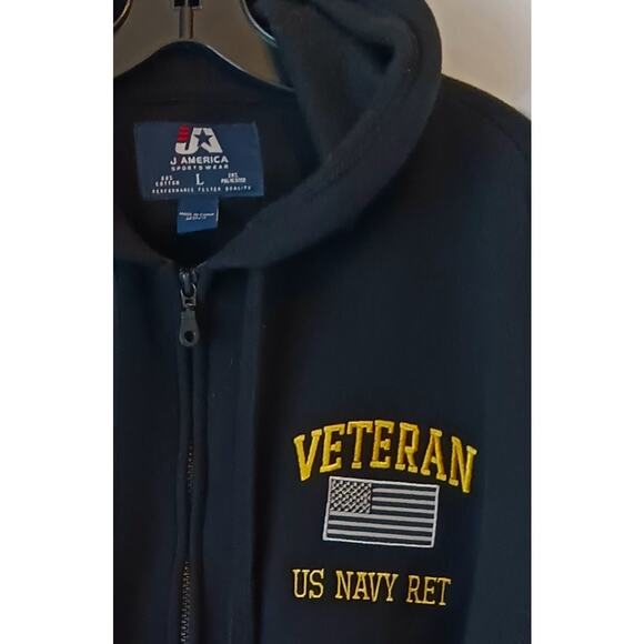 J. America Full Zip Hoodie Black U.S. Navy Retired Veteran Flag Embroidered NWT - Picture 5 of 6